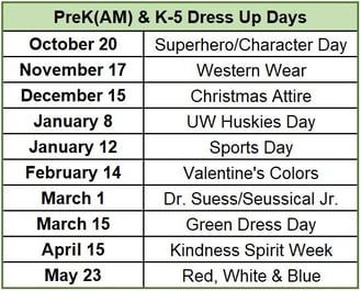 K-5 Dress Up Days Chart