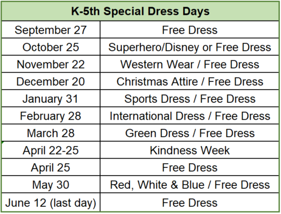 K-5th Special Dress Days